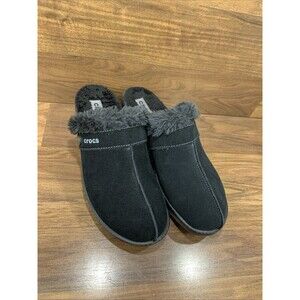 Crocs Womens Clog Platform Heels Black Faux Fur Trim Shoe Slip Ons Size 9